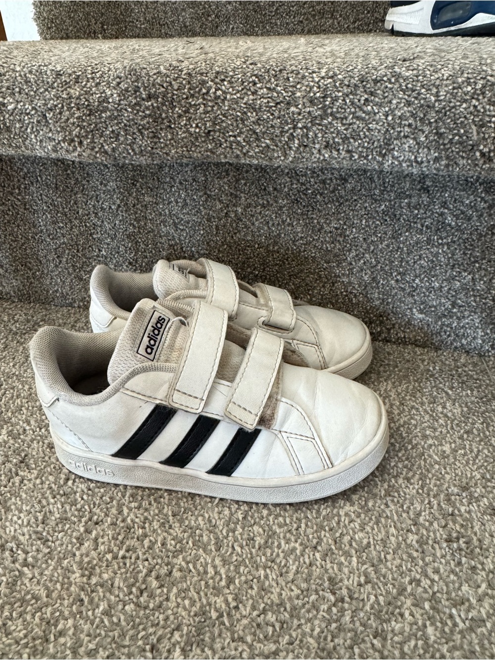 adidas Kids White Sneakers with Black Stripes and Velcro